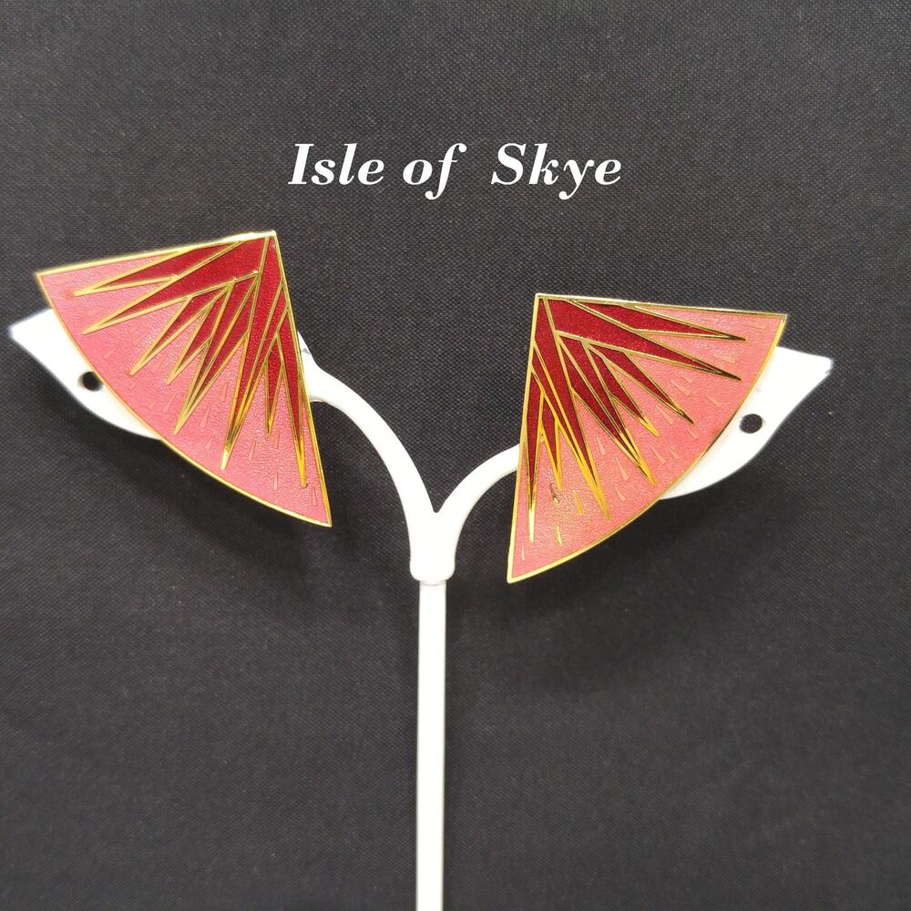 Vintage Isle of Skye Red Rose Enamel Cloisonné Clip Earrings